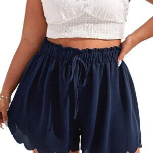 Navy Plus Size High-Waisted Flowy Wide Leg Shorts with Scallop Trim